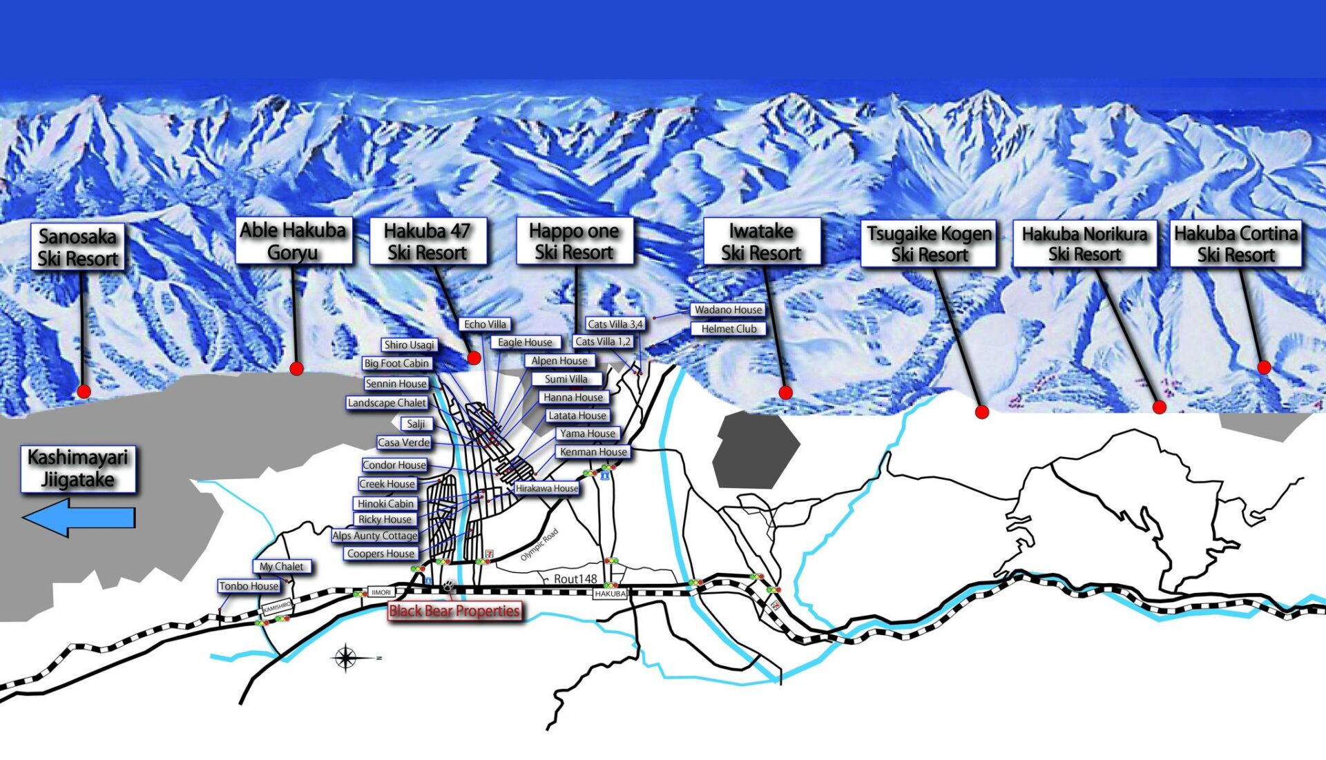 Cottage-map Information on ski resorts in the Hakuba area